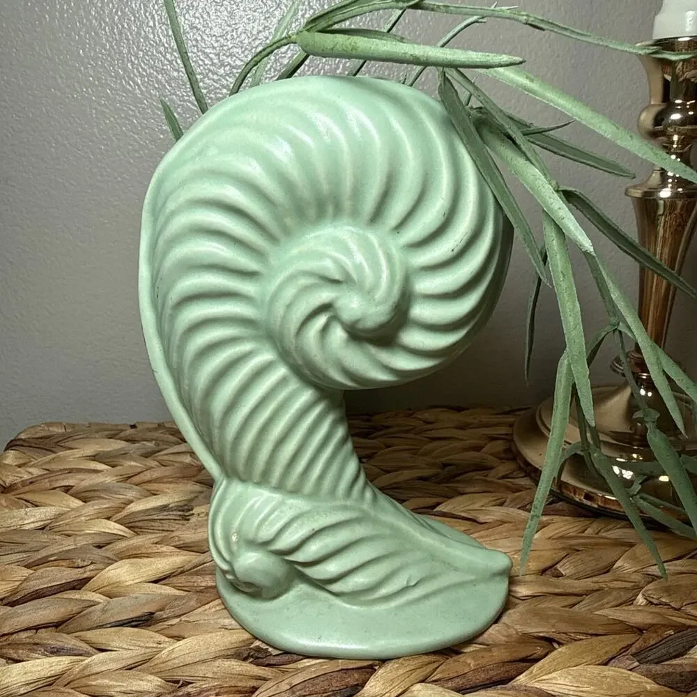 MCM Mint Green Nautilus Shell Vase Fiddlehead Fern Style Matte Pottery Decor